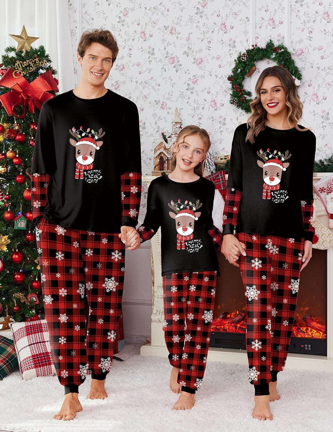 imageEkouaer Family Christmas Pajamas Matching Sets Soft Long Sleeve Couple Pjs Xmas Sleepwear Holiday Lounge SetBlack Cartoon Elk