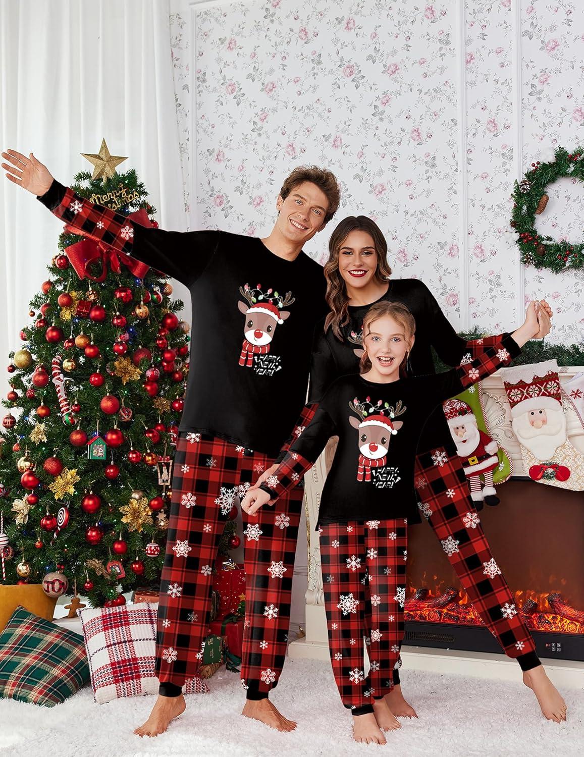 imageEkouaer Family Christmas Pajamas Matching Sets Soft Long Sleeve Couple Pjs Xmas Sleepwear Holiday Lounge SetBlack Cartoon Elk