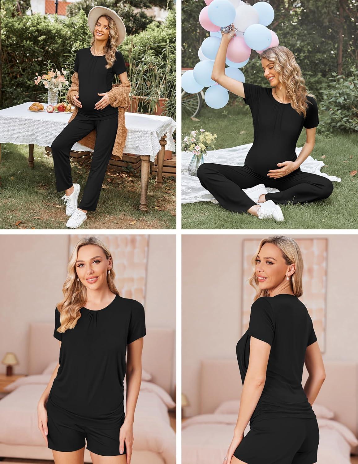 imageEkouaer Maternity Nursing Pajamas Set 3 Piece Postpartum Lounge Breastfeeding Pjs Pregnancy Shorts amp Pants SXXLBlack