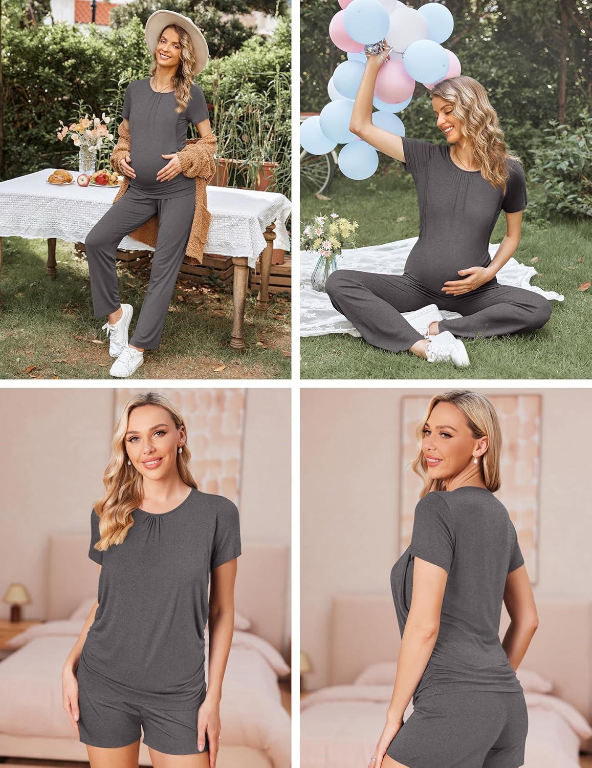 imageEkouaer Maternity Nursing Pajamas Set 3 Piece Postpartum Lounge Breastfeeding Pjs Pregnancy Shorts amp Pants SXXLDark Gray