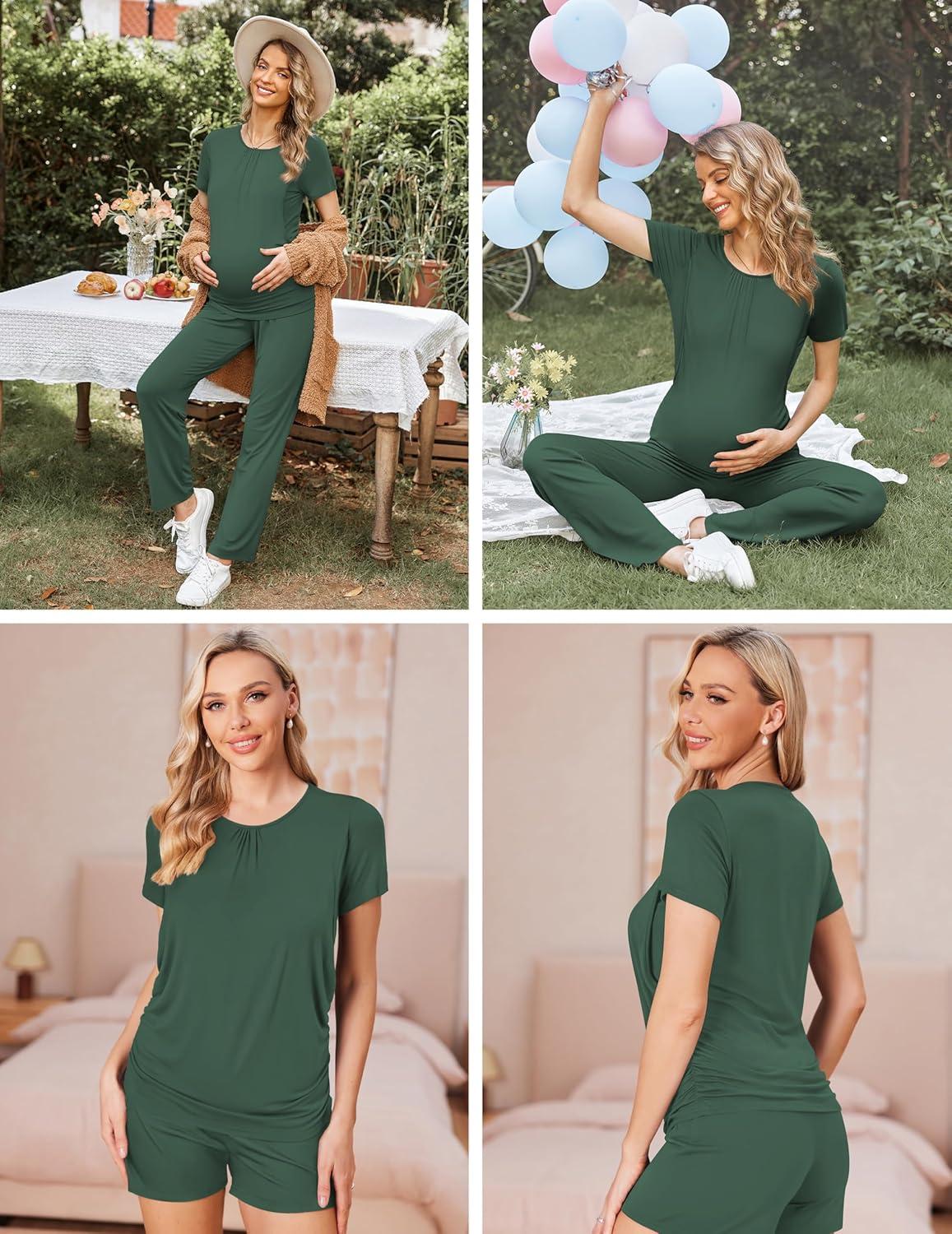 imageEkouaer Maternity Nursing Pajamas Set 3 Piece Postpartum Lounge Breastfeeding Pjs Pregnancy Shorts amp Pants SXXLDark Green