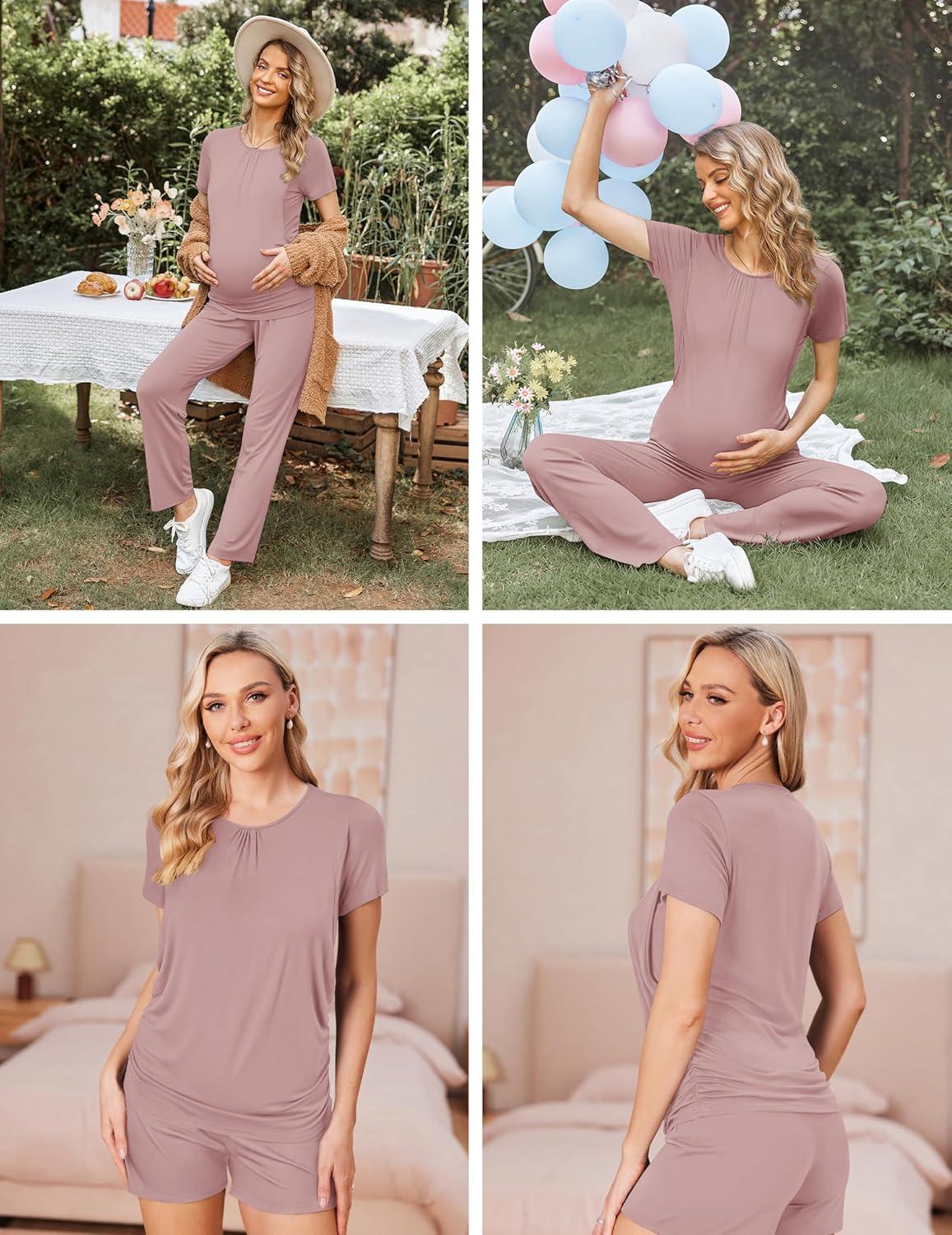 imageEkouaer Maternity Nursing Pajamas Set 3 Piece Postpartum Lounge Breastfeeding Pjs Pregnancy Shorts amp Pants SXXLDirty Pink