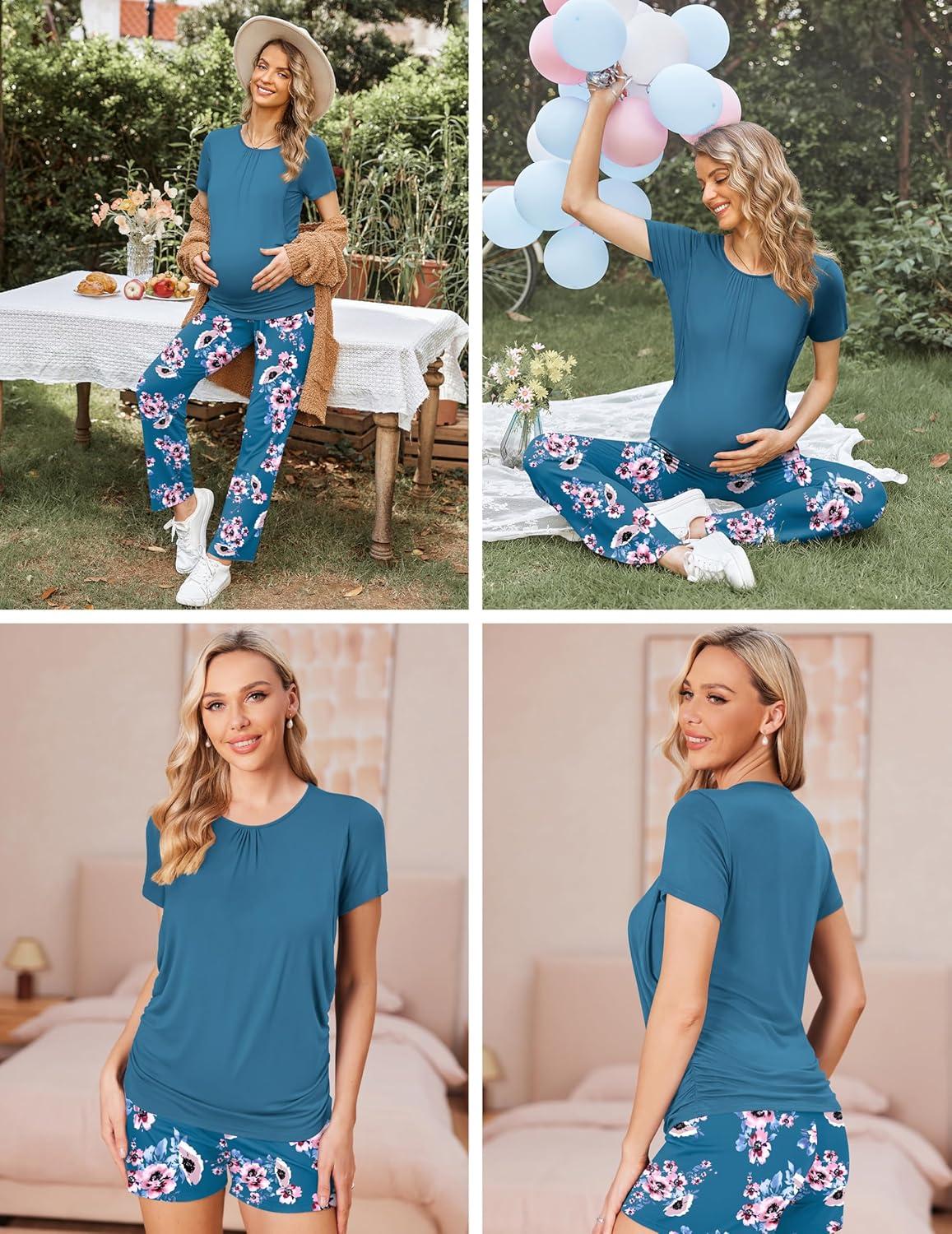 imageEkouaer Maternity Nursing Pajamas Set 3 Piece Postpartum Lounge Breastfeeding Pjs Pregnancy Shorts amp Pants SXXLFloral Teal