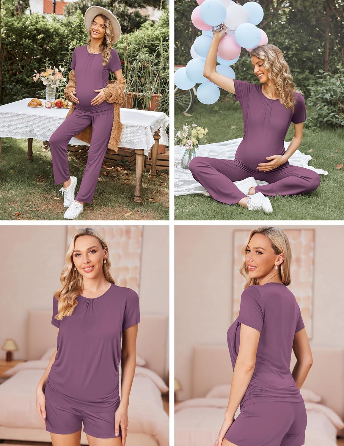 imageEkouaer Maternity Nursing Pajamas Set 3 Piece Postpartum Lounge Breastfeeding Pjs Pregnancy Shorts amp Pants SXXLPurple Red