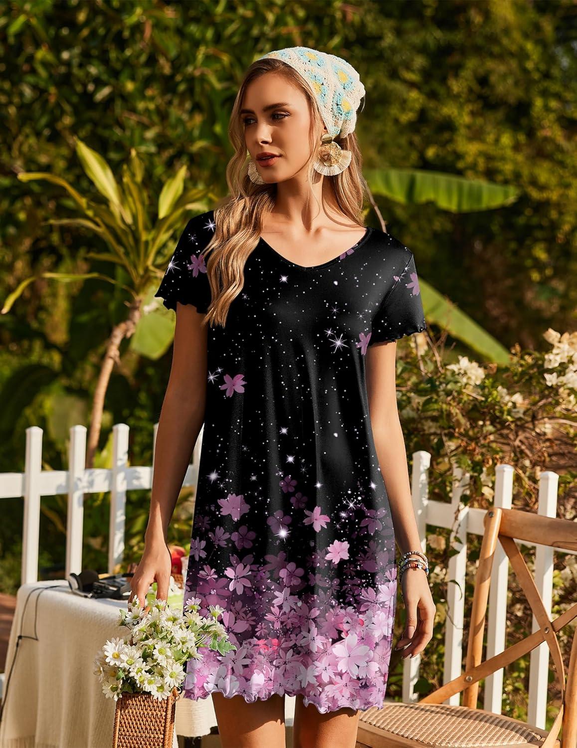 imageEkouaer Nightgowns for Women Short Sleeve Sleepshirt V Neck Short Nightshirt Pullover Soft Ruffled Sleepwear SXXXLCherry Blossoms