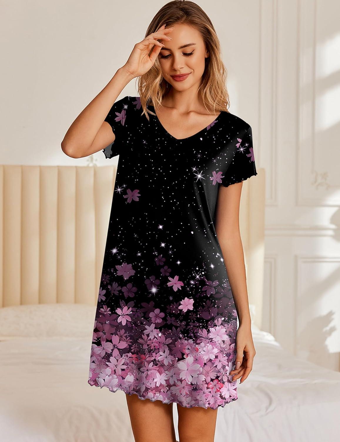 imageEkouaer Nightgowns for Women Short Sleeve Sleepshirt V Neck Short Nightshirt Pullover Soft Ruffled Sleepwear SXXXLCherry Blossoms