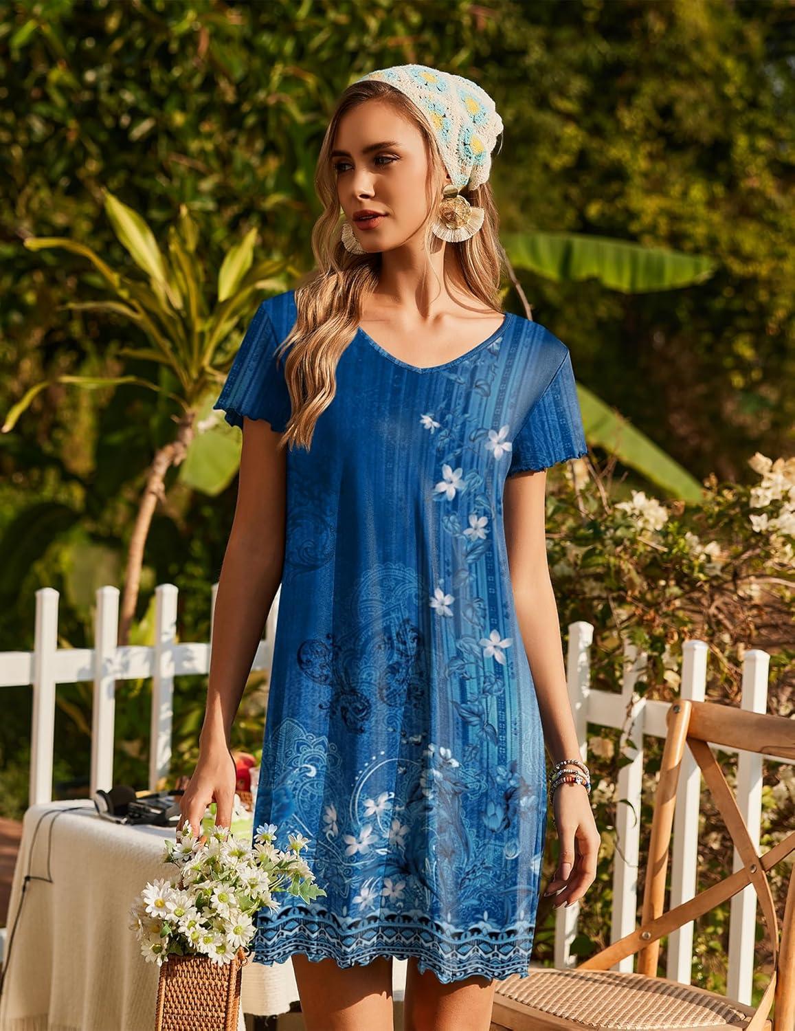 imageEkouaer Nightgowns for Women Short Sleeve Sleepshirt V Neck Short Nightshirt Pullover Soft Ruffled Sleepwear SXXXLEthnic Print Blue