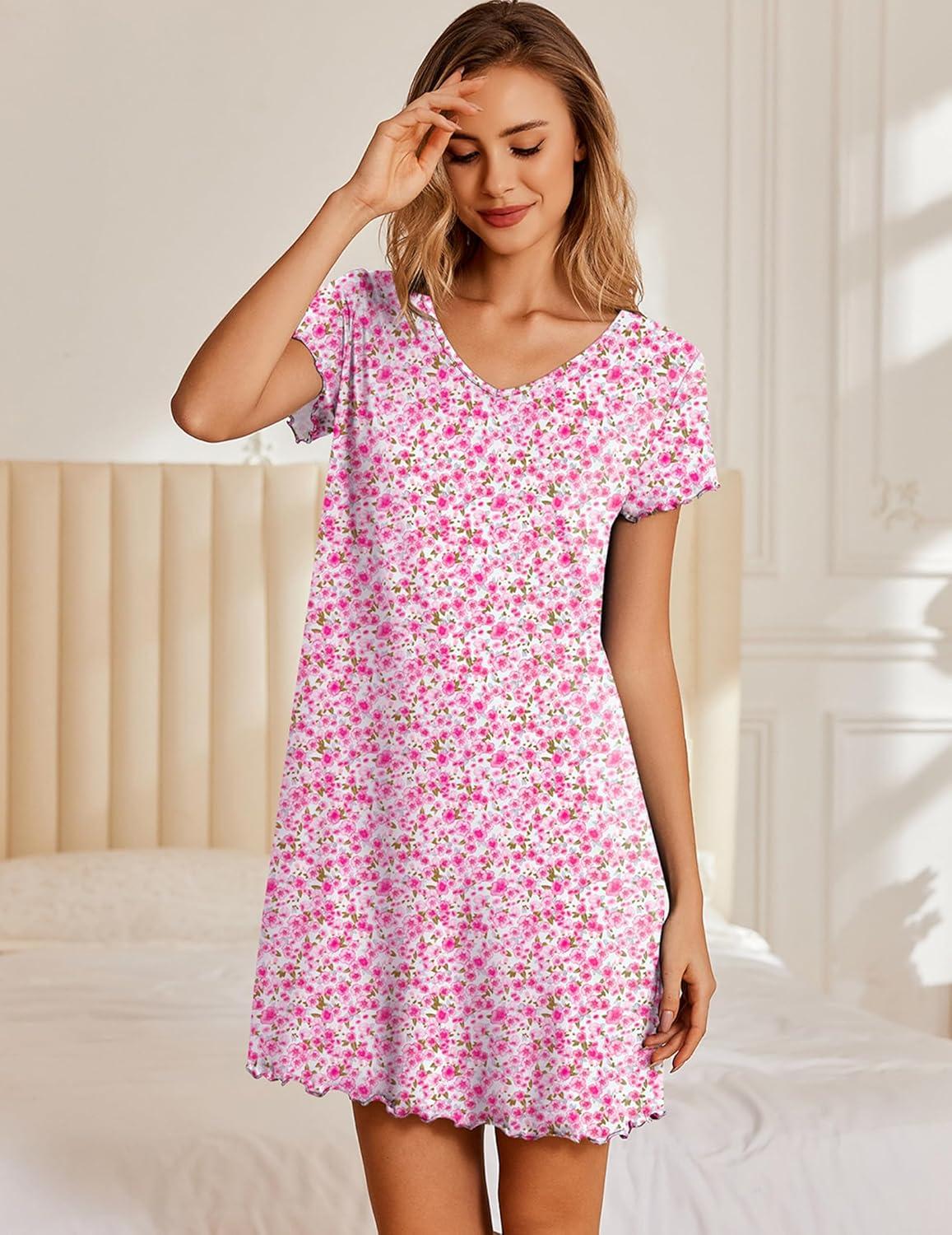 imageEkouaer Nightgowns for Women Short Sleeve Sleepshirt V Neck Short Nightshirt Pullover Soft Ruffled Sleepwear SXXXLPink Florals