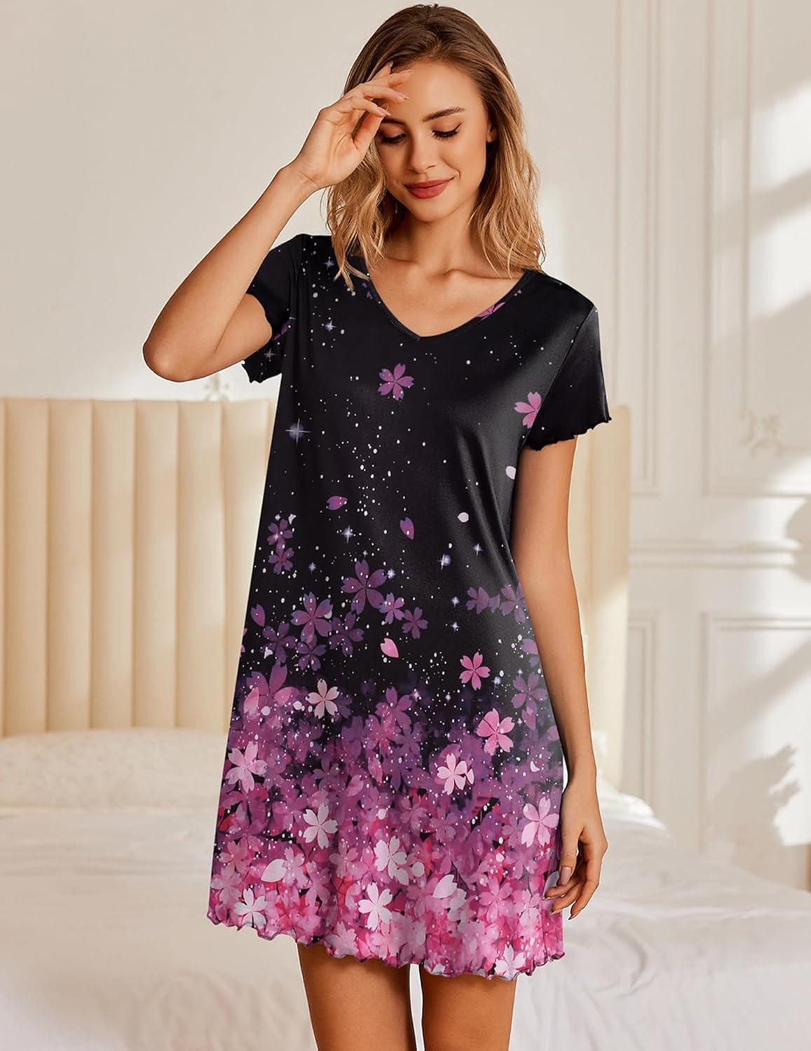 imageEkouaer Nightgowns for Women Short Sleeve Sleepshirt V Neck Short Nightshirt Pullover Soft Ruffled Sleepwear SXXXLPink Flower