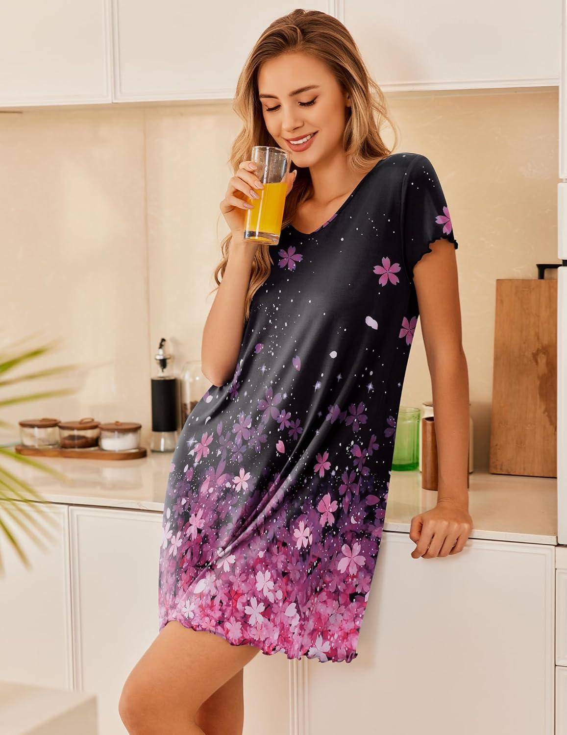 imageEkouaer Nightgowns for Women Short Sleeve Sleepshirt V Neck Short Nightshirt Pullover Soft Ruffled Sleepwear SXXXLPink Flower