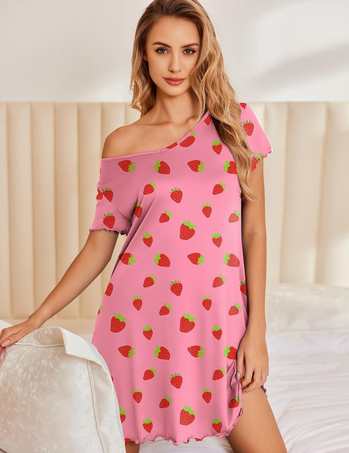 imageEkouaer Nightgowns for Women Short Sleeve Sleepshirt V Neck Short Nightshirt Pullover Soft Ruffled Sleepwear SXXXLPink Strawberry