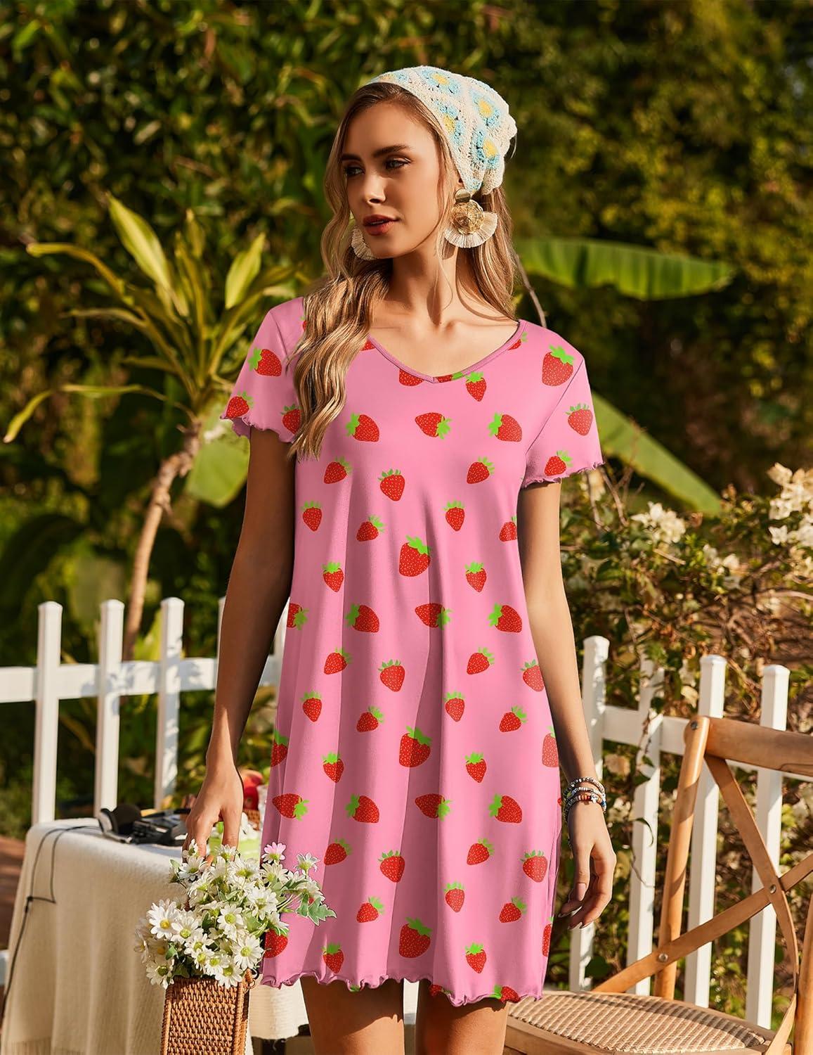 imageEkouaer Nightgowns for Women Short Sleeve Sleepshirt V Neck Short Nightshirt Pullover Soft Ruffled Sleepwear SXXXLPink Strawberry