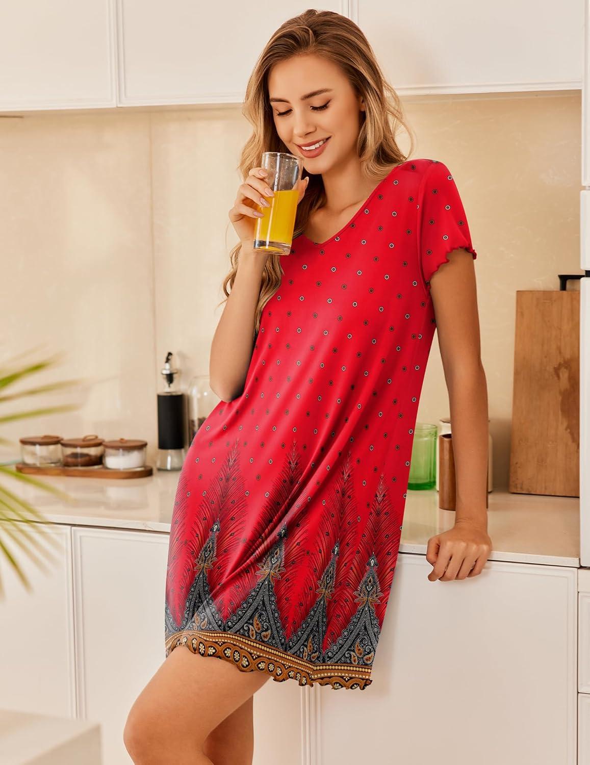 imageEkouaer Nightgowns for Women Short Sleeve Sleepshirt V Neck Short Nightshirt Pullover Soft Ruffled Sleepwear SXXXLRed Feather