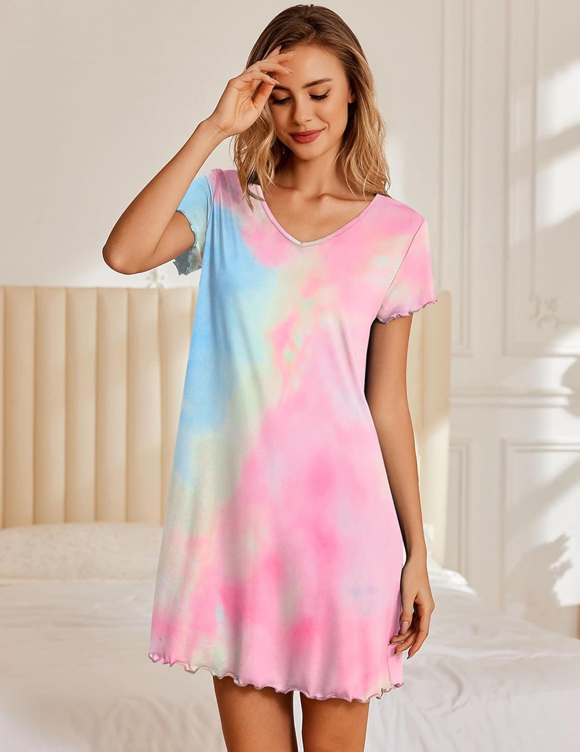 imageEkouaer Nightgowns for Women Short Sleeve Sleepshirt V Neck Short Nightshirt Pullover Soft Ruffled Sleepwear SXXXLTie Dye