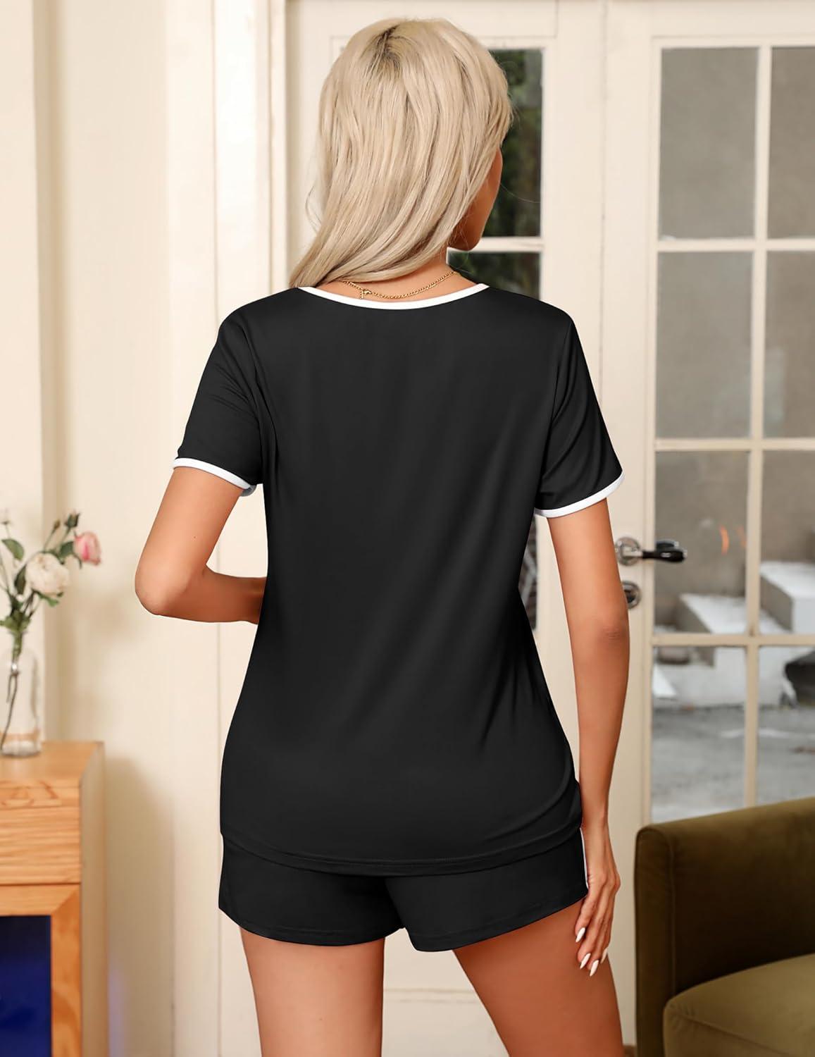 imageEkouaer Pajama Set for Women 2 Piece Lounge Set Short Sleeve Tops and Shorts Soft Sleepwear Chest PocketBlack