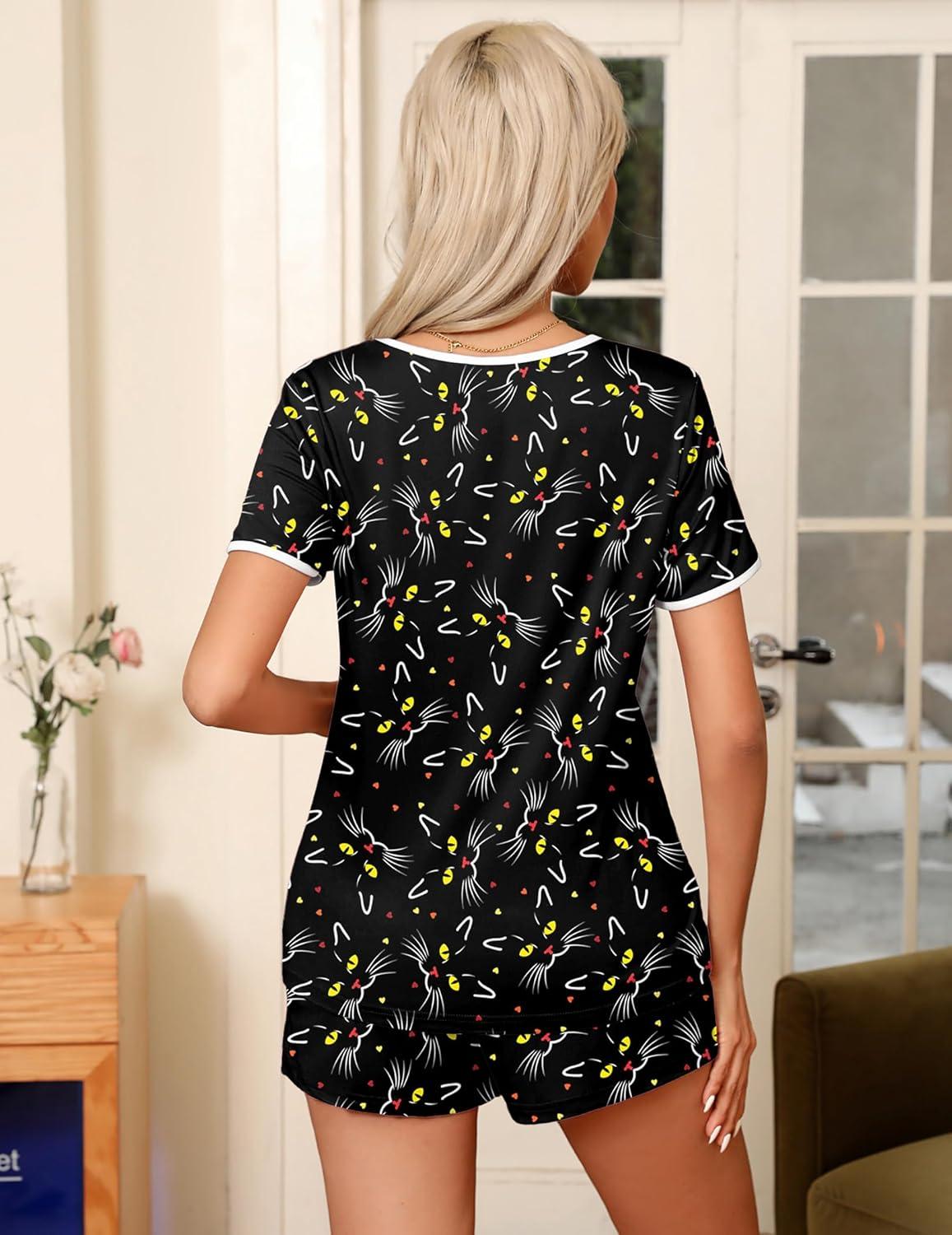 imageEkouaer Pajama Set for Women 2 Piece Lounge Set Short Sleeve Tops and Shorts Soft Sleepwear Chest PocketBlack Cat1
