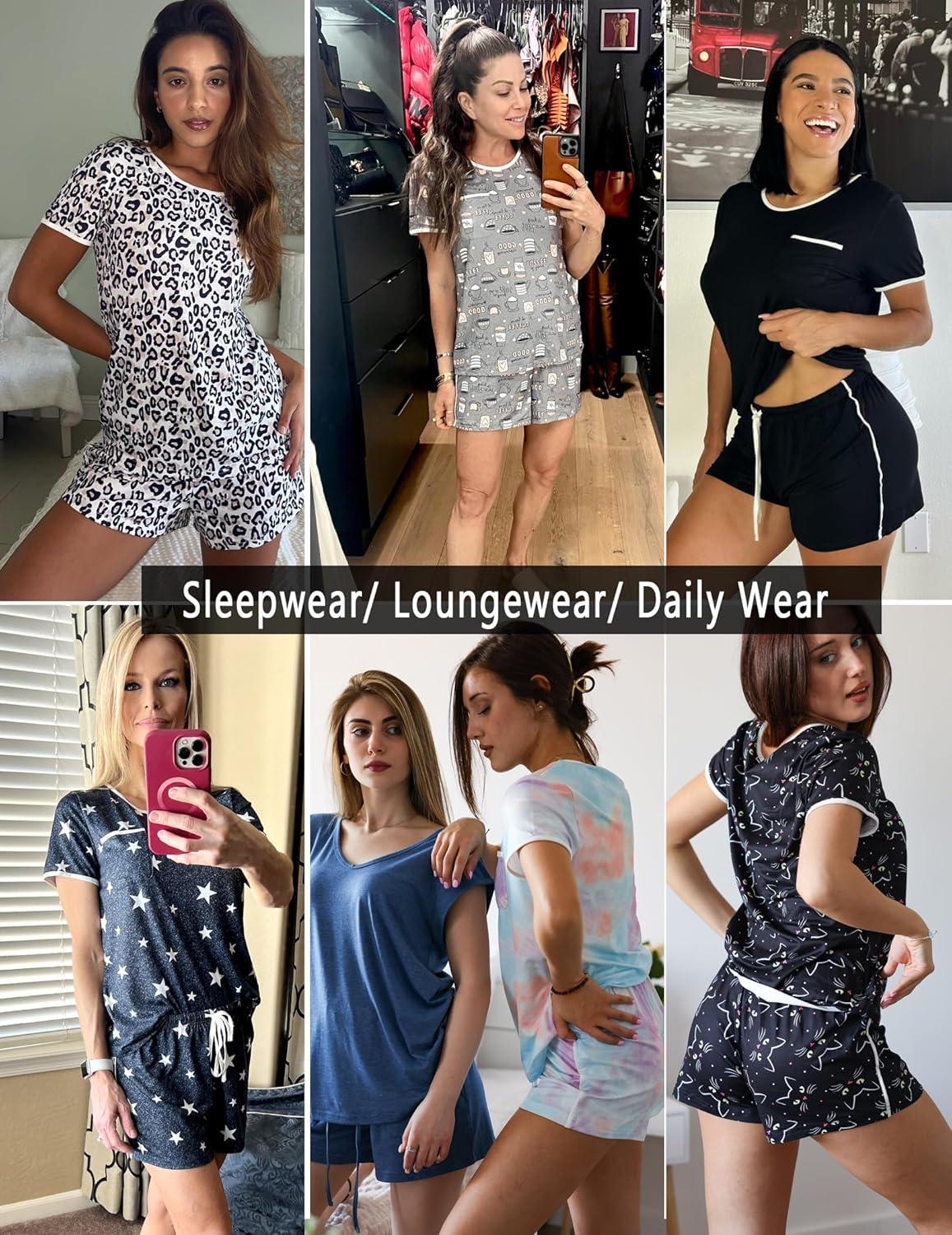 imageEkouaer Pajama Set for Women 2 Piece Lounge Set Short Sleeve Tops and Shorts Soft Sleepwear Chest PocketBlue Star