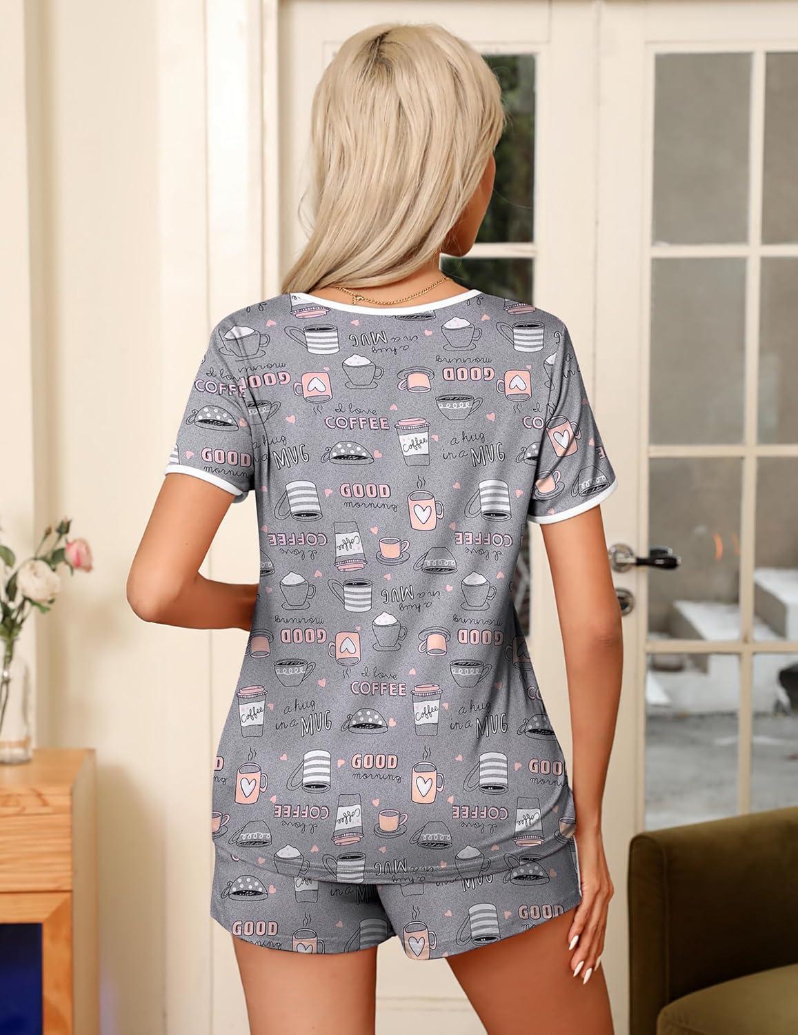 imageEkouaer Pajama Set for Women 2 Piece Lounge Set Short Sleeve Tops and Shorts Soft Sleepwear Chest PocketGrey Coffee