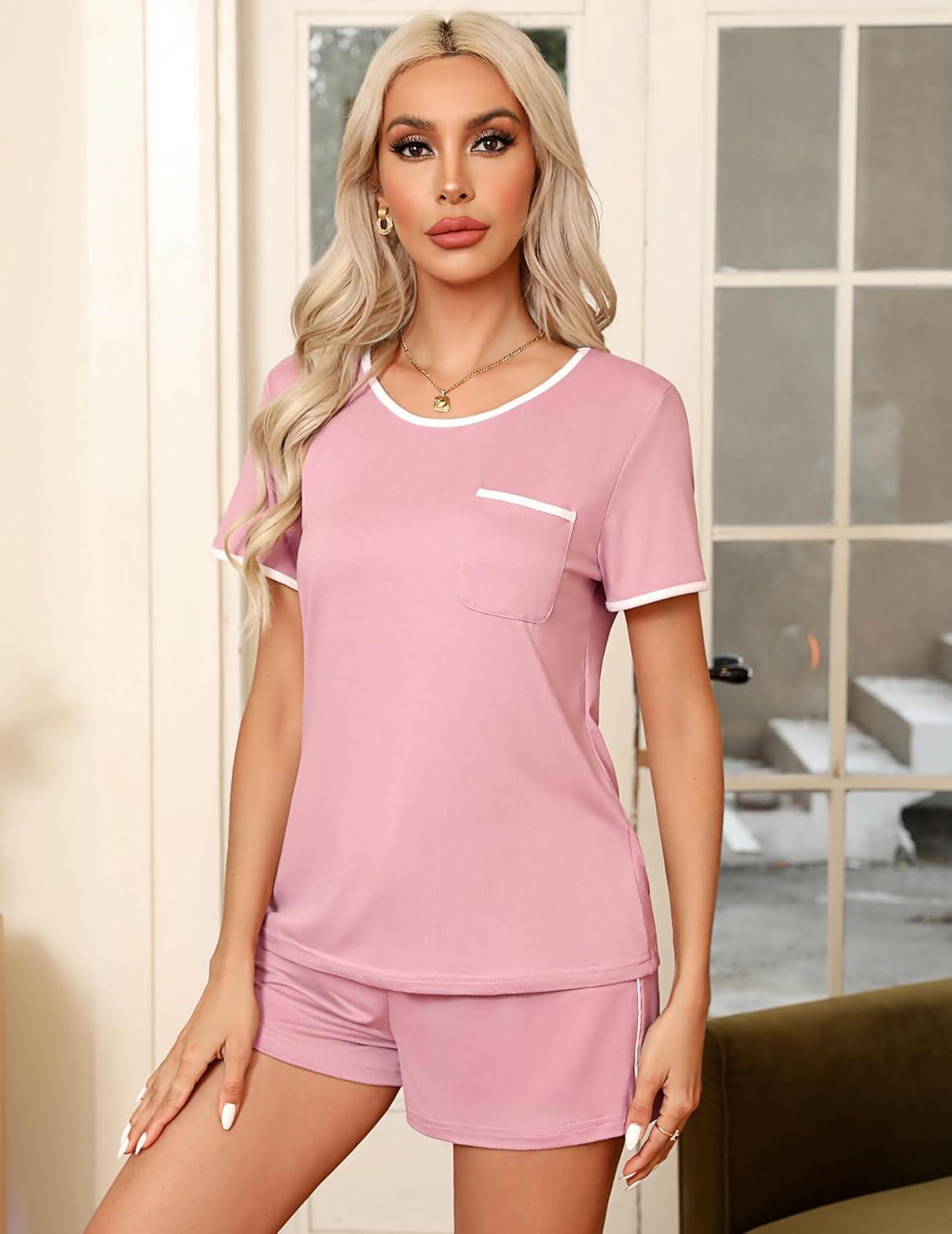 imageEkouaer Pajama Set for Women 2 Piece Lounge Set Short Sleeve Tops and Shorts Soft Sleepwear Chest PocketPink