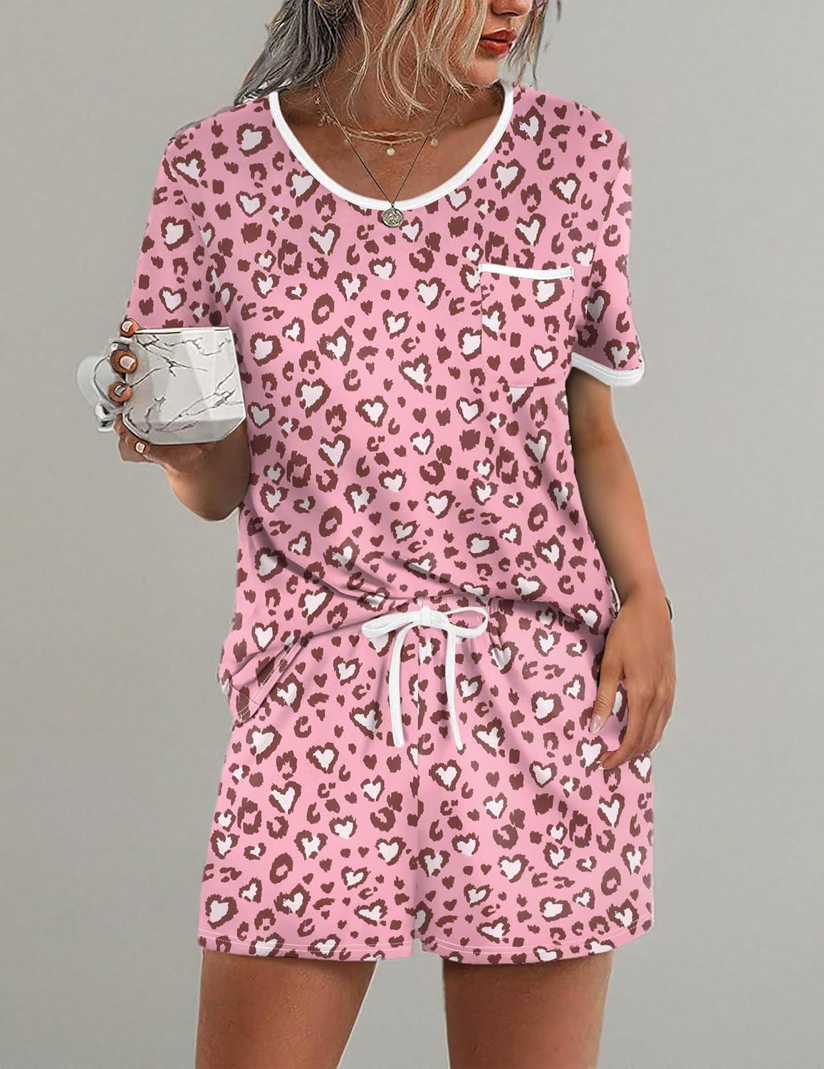 imageEkouaer Pajama Set for Women 2 Piece Lounge Set Short Sleeve Tops and Shorts Soft Sleepwear Chest PocketPink Leopard Love
