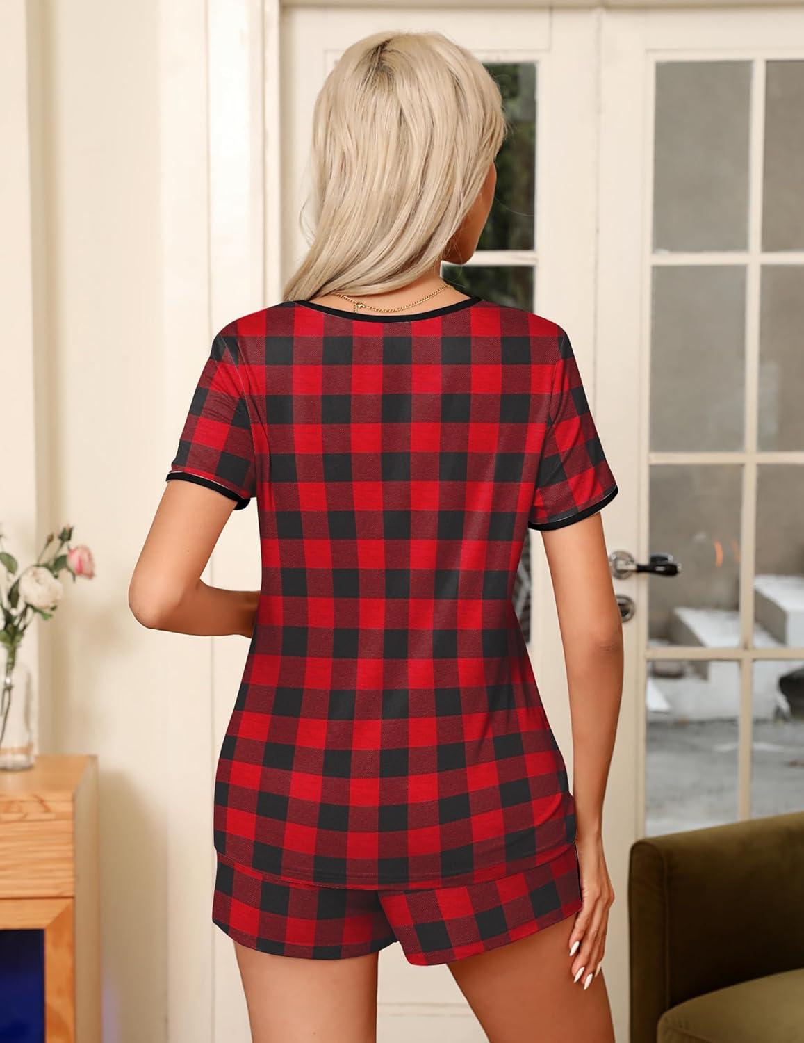 imageEkouaer Pajama Set for Women 2 Piece Lounge Set Short Sleeve Tops and Shorts Soft Sleepwear Chest PocketRed Plaid