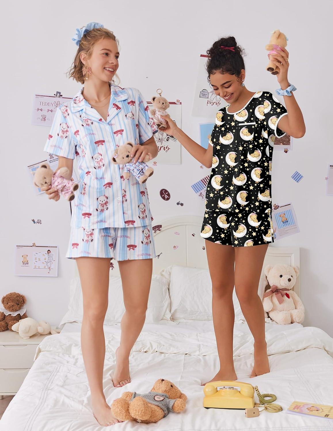 imageEkouaer Pajama Set for Women 2 Piece Lounge Set Short Sleeve Tops and Shorts Soft Sleepwear Chest PocketTeddyblack Moon