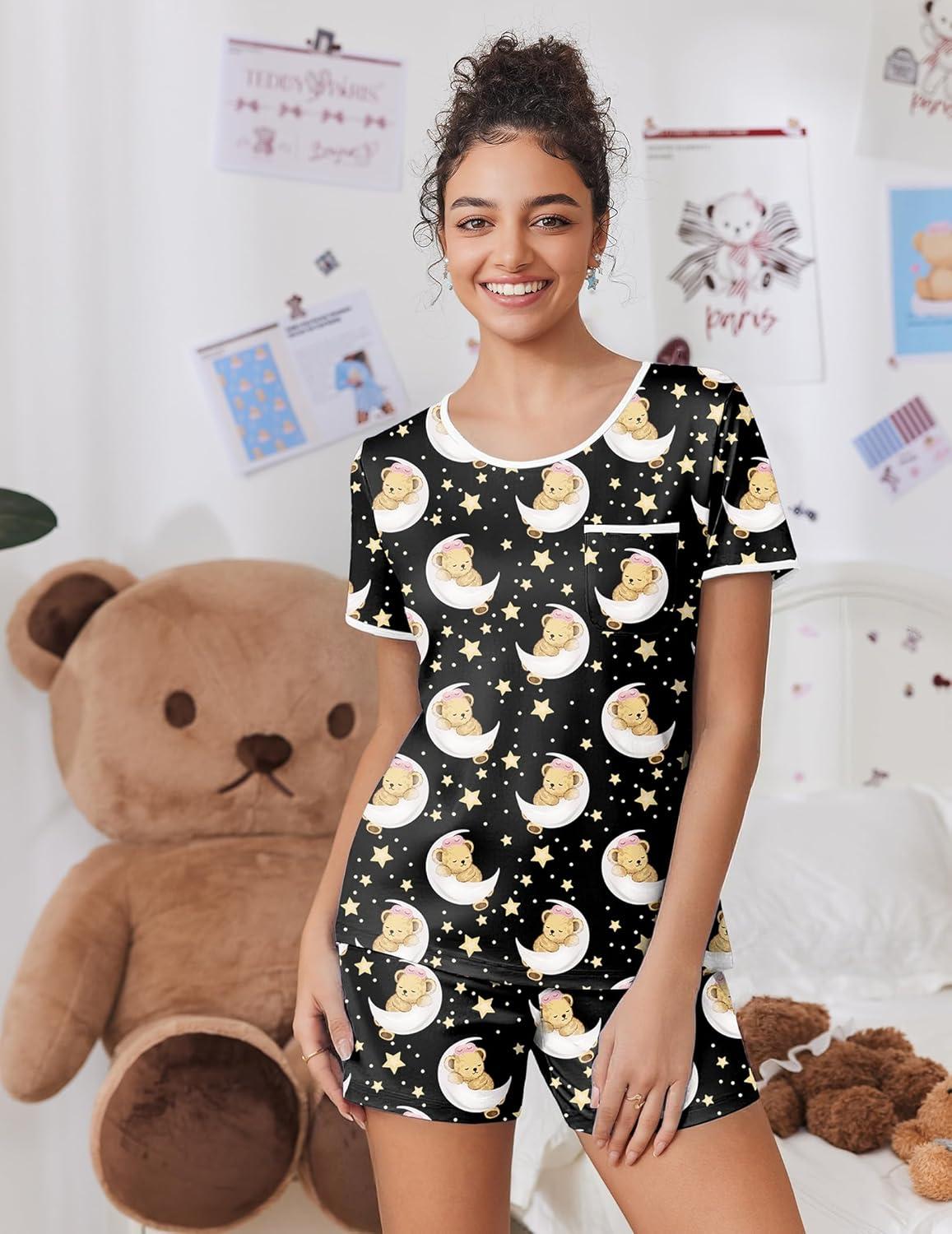 imageEkouaer Pajama Set for Women 2 Piece Lounge Set Short Sleeve Tops and Shorts Soft Sleepwear Chest PocketTeddyblack Moon