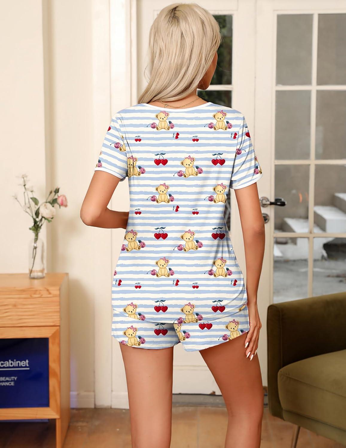 imageEkouaer Pajama Set for Women 2 Piece Lounge Set Short Sleeve Tops and Shorts Soft Sleepwear Chest PocketTeddyblue Striped