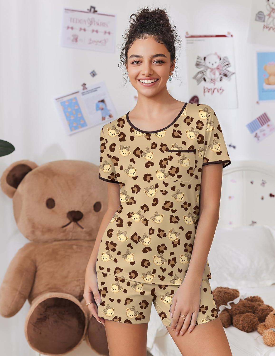 imageEkouaer Pajama Set for Women 2 Piece Lounge Set Short Sleeve Tops and Shorts Soft Sleepwear Chest PocketTeddybrown