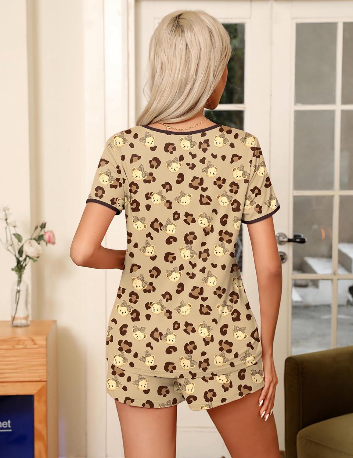 imageEkouaer Pajama Set for Women 2 Piece Lounge Set Short Sleeve Tops and Shorts Soft Sleepwear Chest PocketTeddybrown