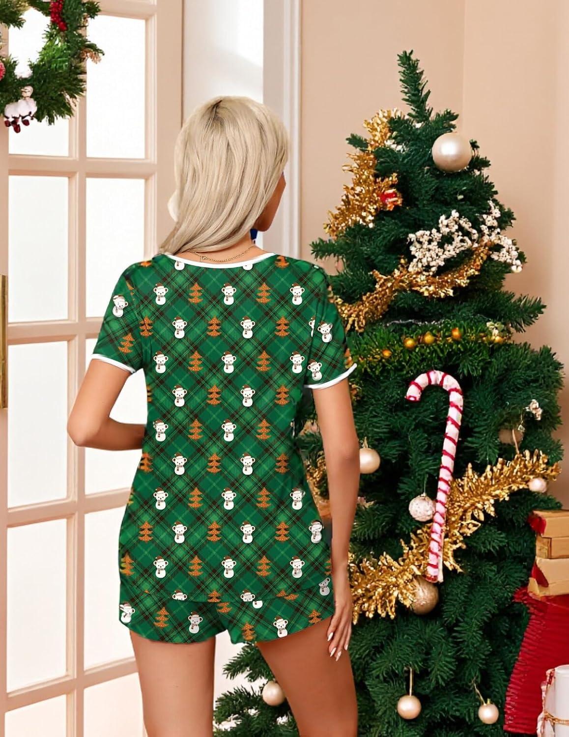 imageEkouaer Pajama Set for Women 2 Piece Lounge Set Short Sleeve Tops and Shorts Soft Sleepwear Chest PocketTeddygreen Christmas