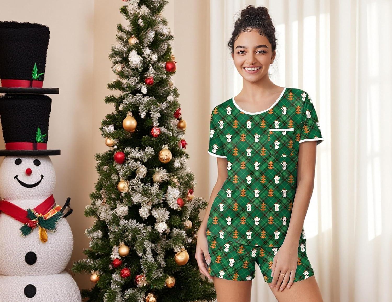 imageEkouaer Pajama Set for Women 2 Piece Lounge Set Short Sleeve Tops and Shorts Soft Sleepwear Chest PocketTeddygreen Christmas