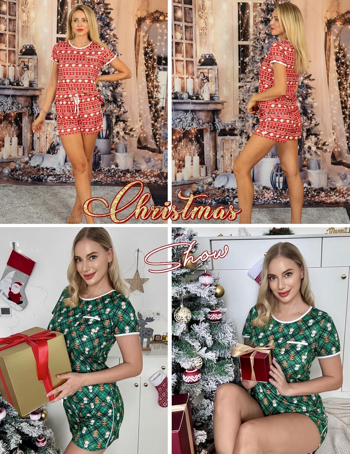 imageEkouaer Pajama Set for Women 2 Piece Lounge Set Short Sleeve Tops and Shorts Soft Sleepwear Chest PocketTeddygreen Christmas