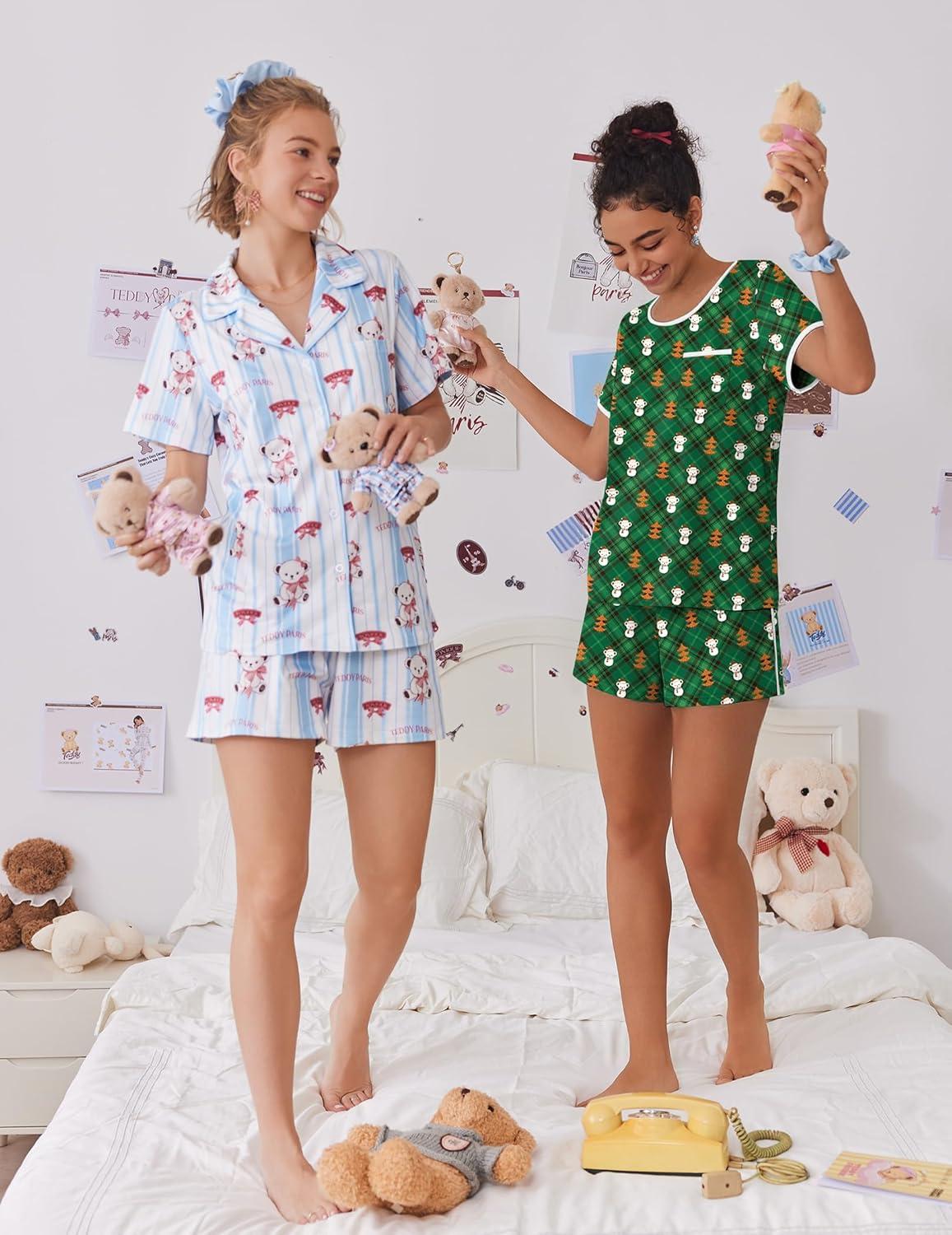 imageEkouaer Pajama Set for Women 2 Piece Lounge Set Short Sleeve Tops and Shorts Soft Sleepwear Chest PocketTeddygreen Christmas