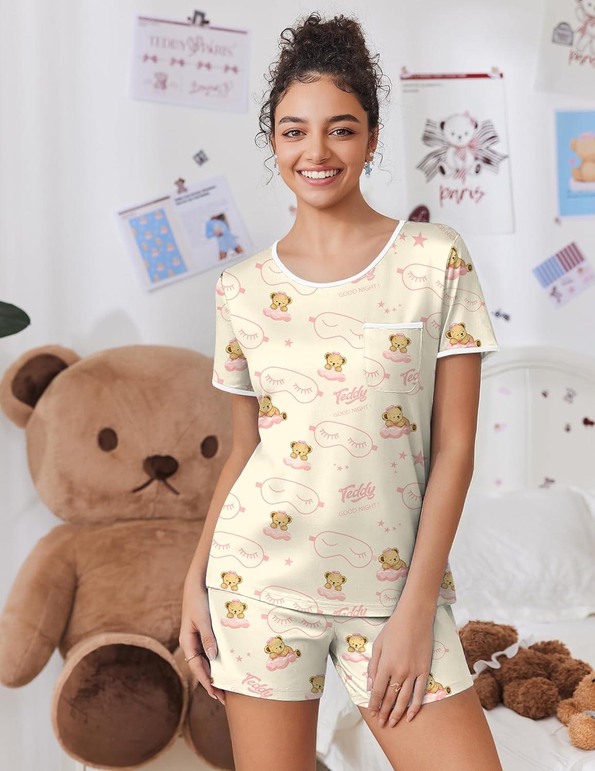 imageEkouaer Pajama Set for Women 2 Piece Lounge Set Short Sleeve Tops and Shorts Soft Sleepwear Chest PocketTeddypink Clouds