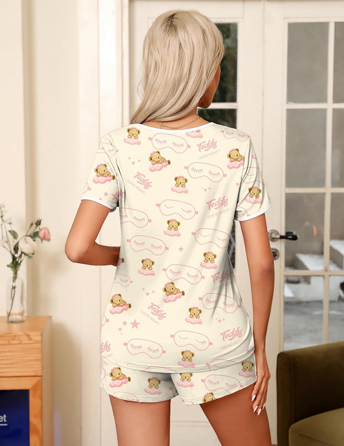 imageEkouaer Pajama Set for Women 2 Piece Lounge Set Short Sleeve Tops and Shorts Soft Sleepwear Chest PocketTeddypink Clouds