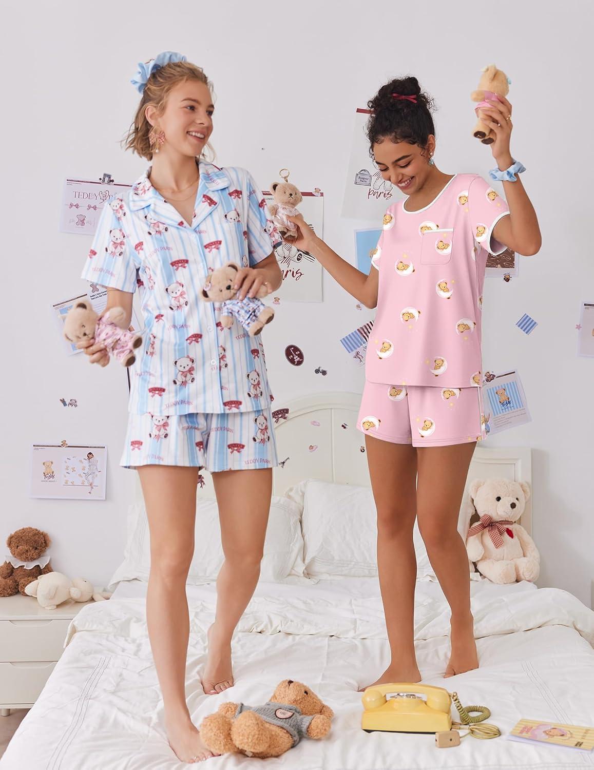 imageEkouaer Pajama Set for Women 2 Piece Lounge Set Short Sleeve Tops and Shorts Soft Sleepwear Chest PocketTeddypink Moon