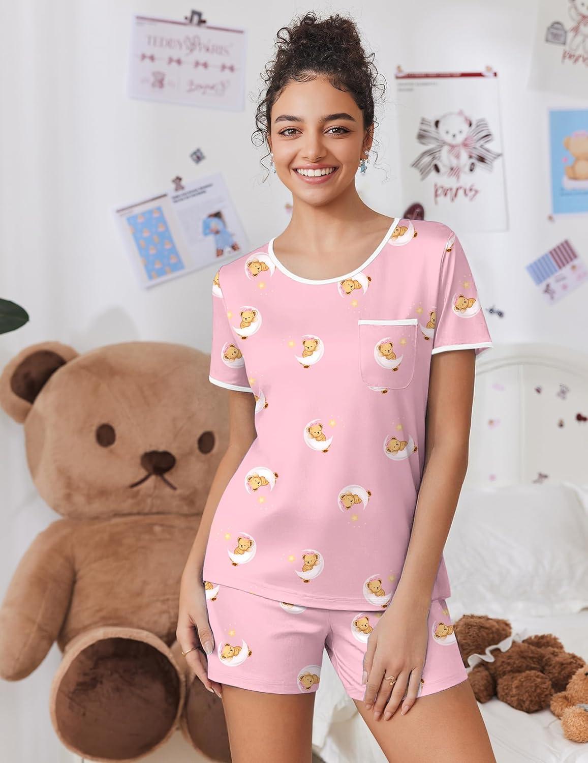 imageEkouaer Pajama Set for Women 2 Piece Lounge Set Short Sleeve Tops and Shorts Soft Sleepwear Chest PocketTeddypink Moon