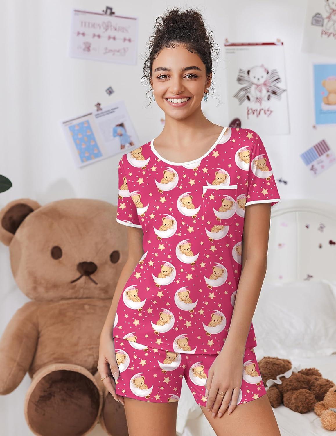 imageEkouaer Pajama Set for Women 2 Piece Lounge Set Short Sleeve Tops and Shorts Soft Sleepwear Chest PocketTeddyrose Pink Moon