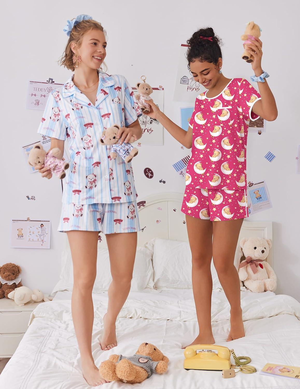 imageEkouaer Pajama Set for Women 2 Piece Lounge Set Short Sleeve Tops and Shorts Soft Sleepwear Chest PocketTeddyrose Pink Moon