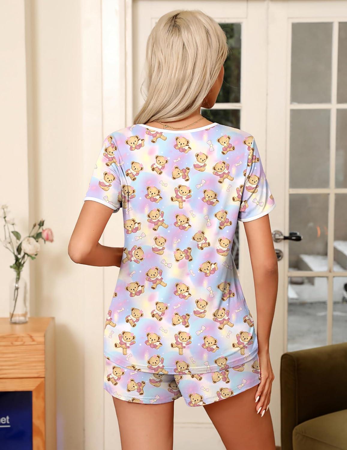 imageEkouaer Pajama Set for Women 2 Piece Lounge Set Short Sleeve Tops and Shorts Soft Sleepwear Chest PocketTeddytye Die