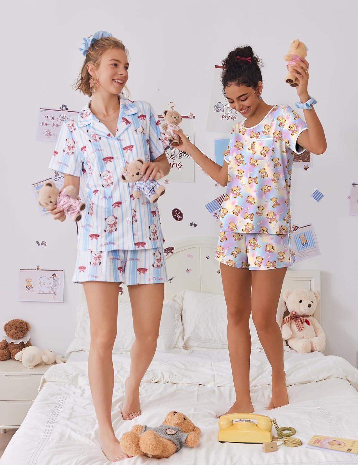imageEkouaer Pajama Set for Women 2 Piece Lounge Set Short Sleeve Tops and Shorts Soft Sleepwear Chest PocketTeddytye Die