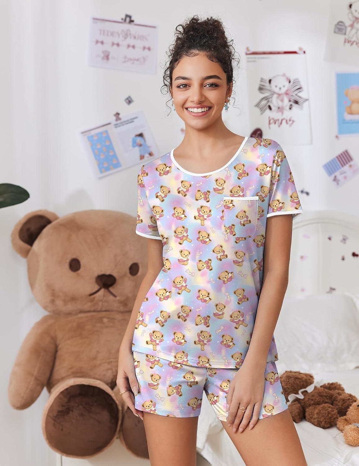 imageEkouaer Pajama Set for Women 2 Piece Lounge Set Short Sleeve Tops and Shorts Soft Sleepwear Chest PocketTeddytye Die