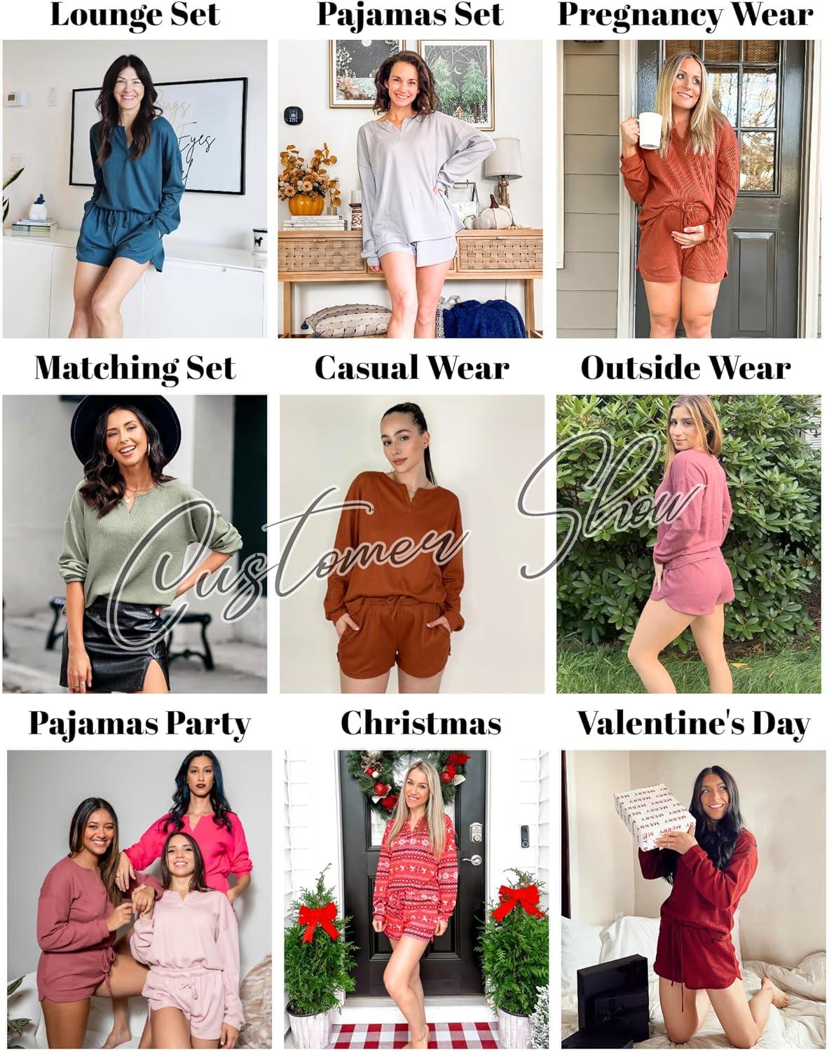 imageEkouaer Pajama Set for Women Waffle Knit Lounge Sets Long Sleeve Top and Shorts Sleepwear Matching Loungewear SXXLBlue