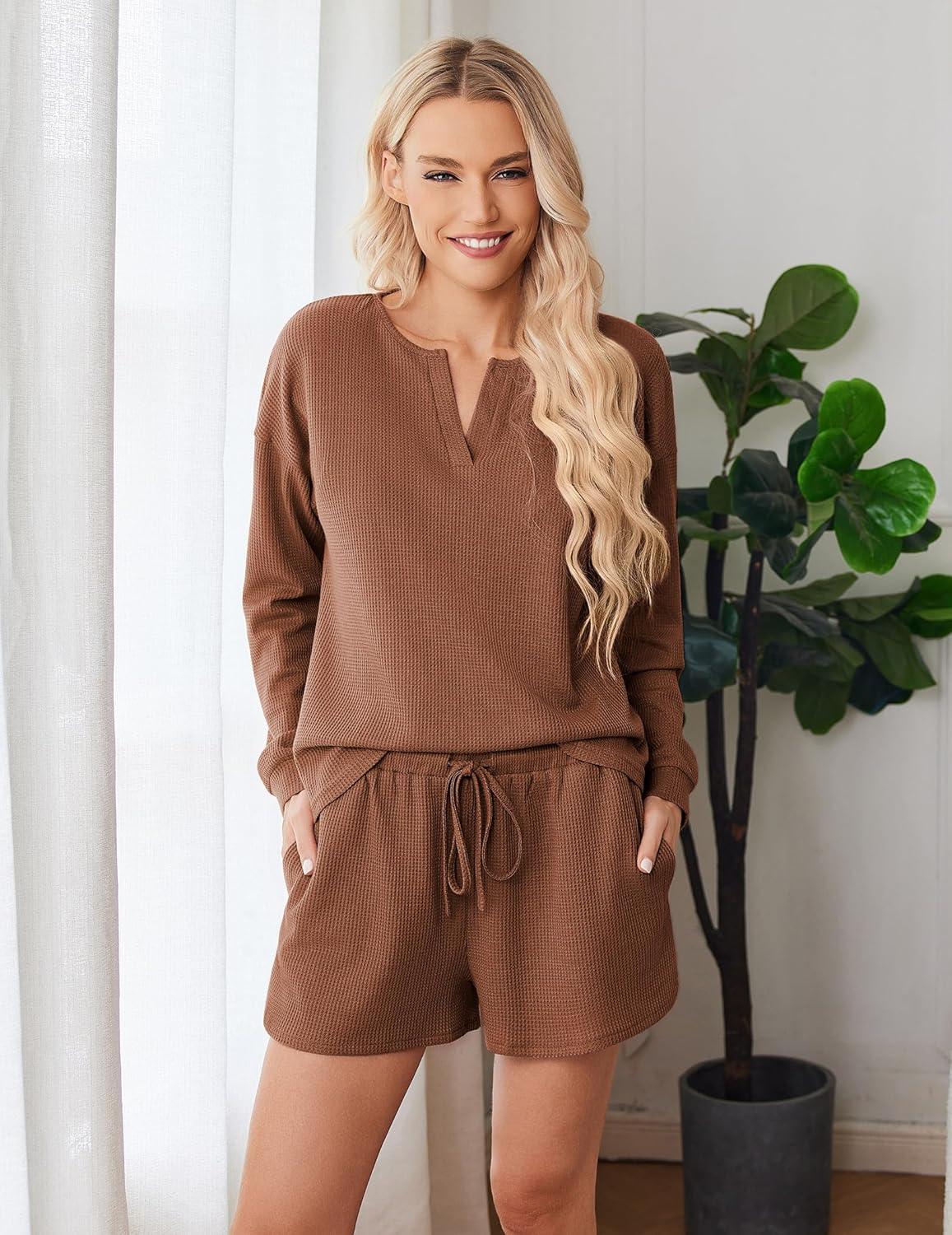 imageEkouaer Pajama Set for Women Waffle Knit Lounge Sets Long Sleeve Top and Shorts Sleepwear Matching Loungewear SXXLCaramel