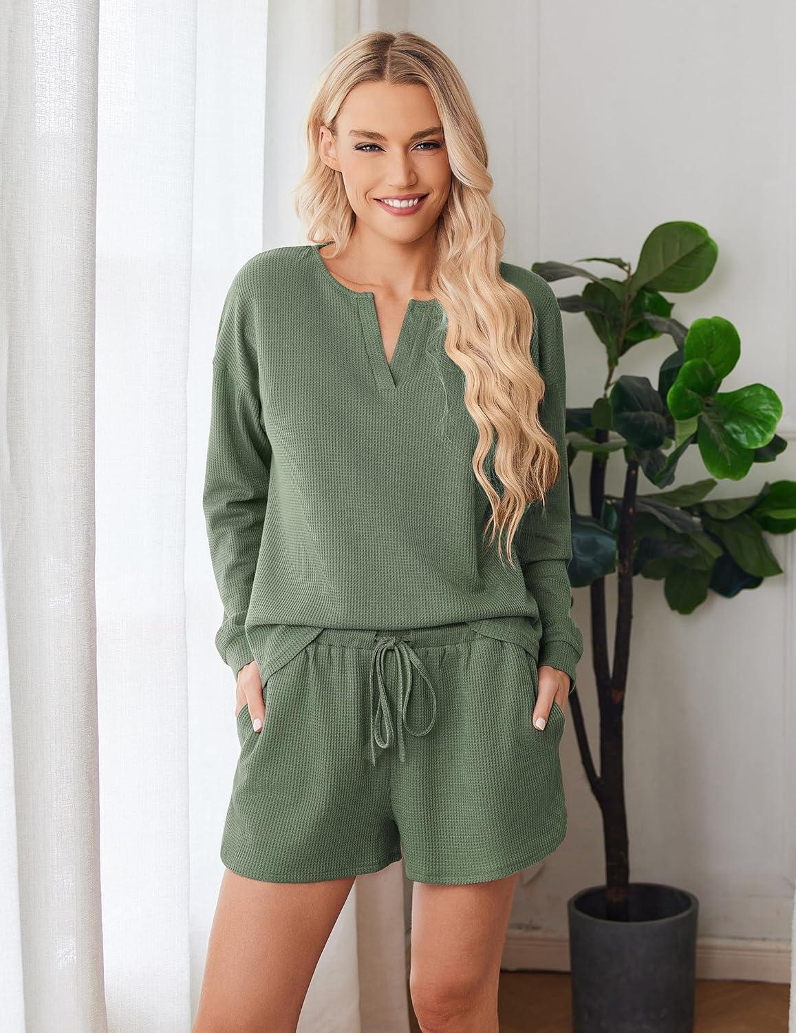 imageEkouaer Pajama Set for Women Waffle Knit Lounge Sets Long Sleeve Top and Shorts Sleepwear Matching Loungewear SXXLDark Green