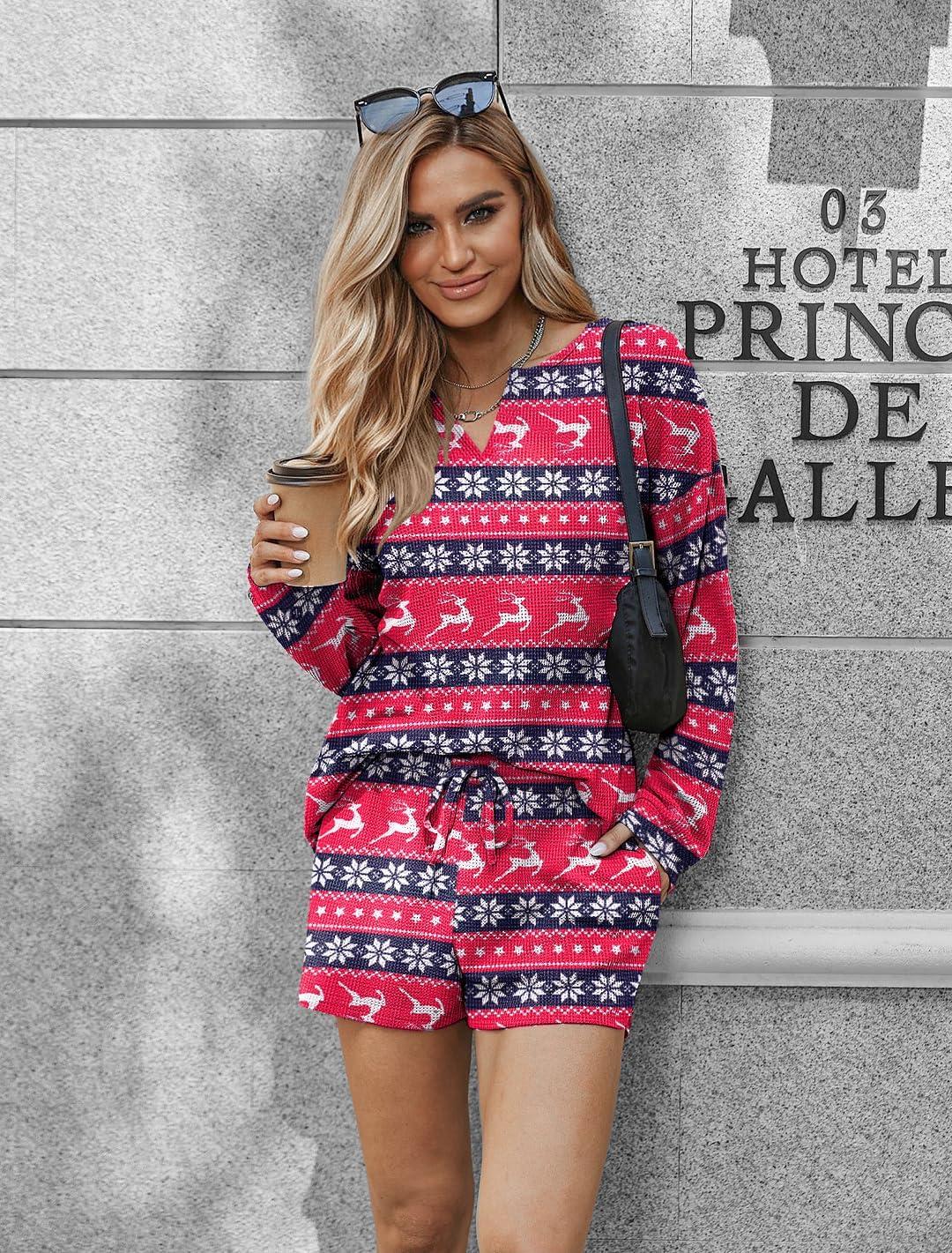 imageEkouaer Pajama Set for Women Waffle Knit Lounge Sets Long Sleeve Top and Shorts Sleepwear Matching Loungewear SXXLRed Christmas
