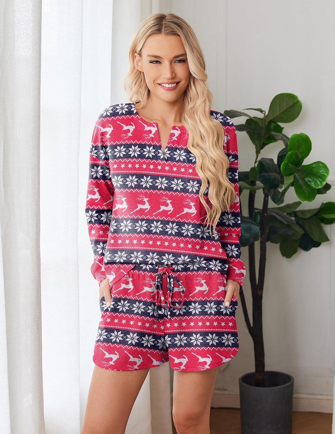 imageEkouaer Pajama Set for Women Waffle Knit Lounge Sets Long Sleeve Top and Shorts Sleepwear Matching Loungewear SXXLRed Christmas