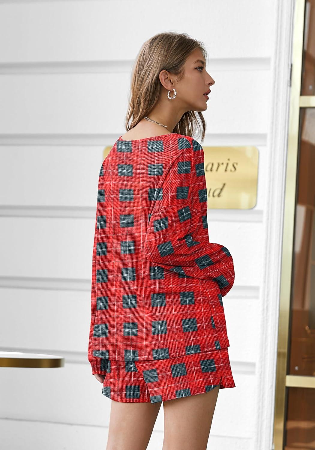 imageEkouaer Pajama Set for Women Waffle Knit Lounge Sets Long Sleeve Top and Shorts Sleepwear Matching Loungewear SXXLRed and Green Plaid