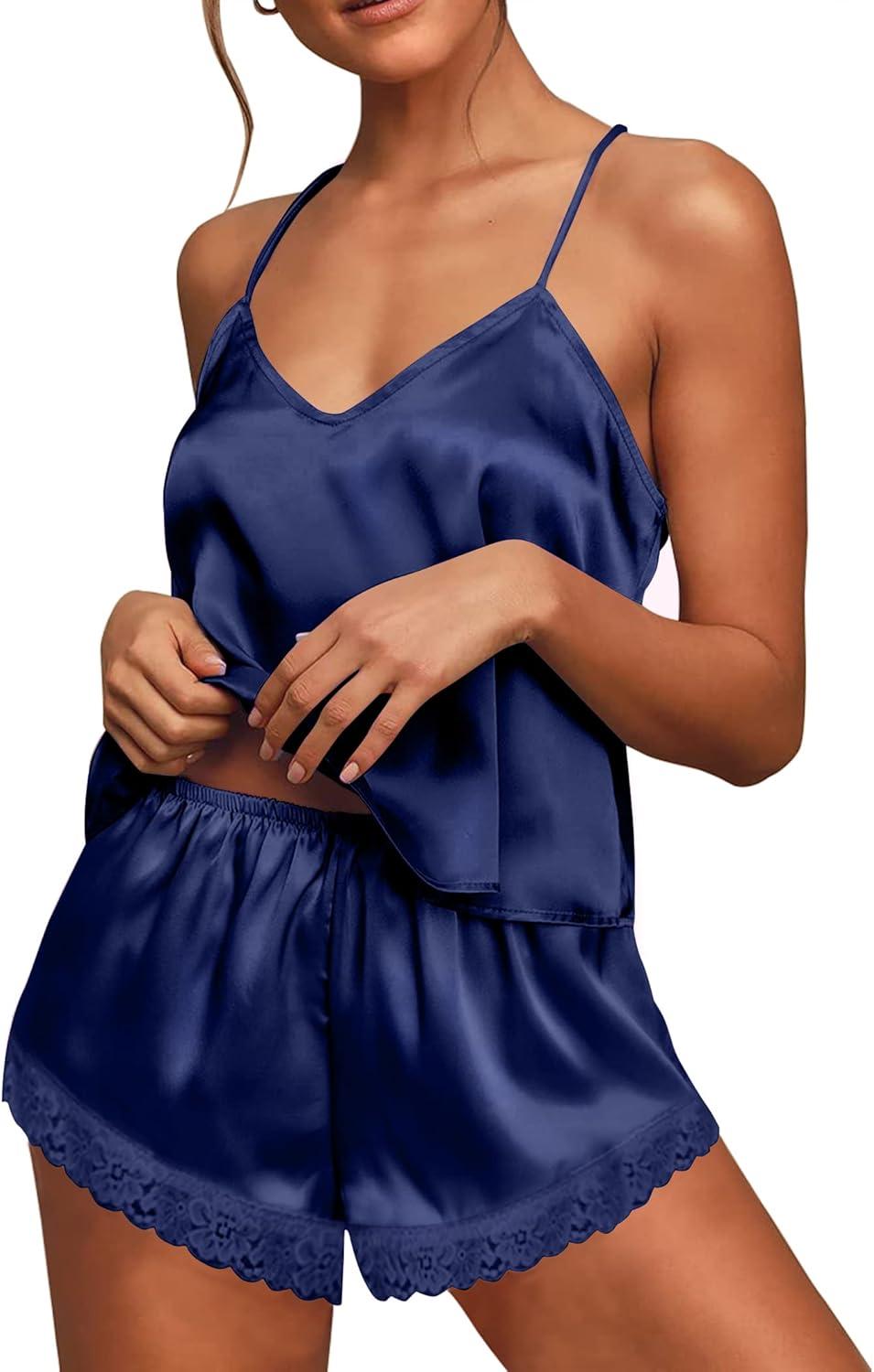 imageEkouaer Satin Pajamas Women Lace Sleepwear Lingerie Cami Shorts Set Nightwear XSXXLBlue
